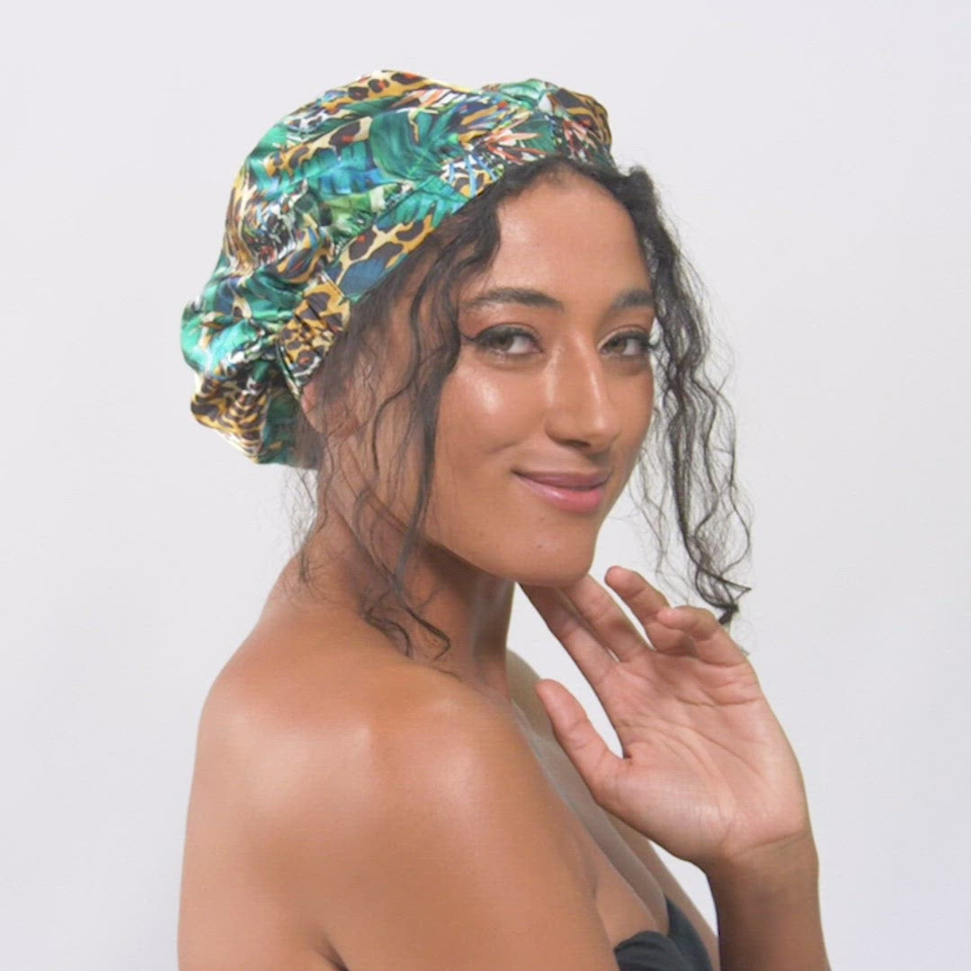 SILK BONNET - GREEN - REVERSIBLE HAIR CAP - WILD JUNGLE