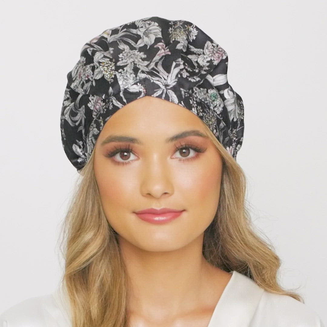 SILK BONNET - BLACK - REVERSIBLE HAIR CAP - BLACK FLORA
