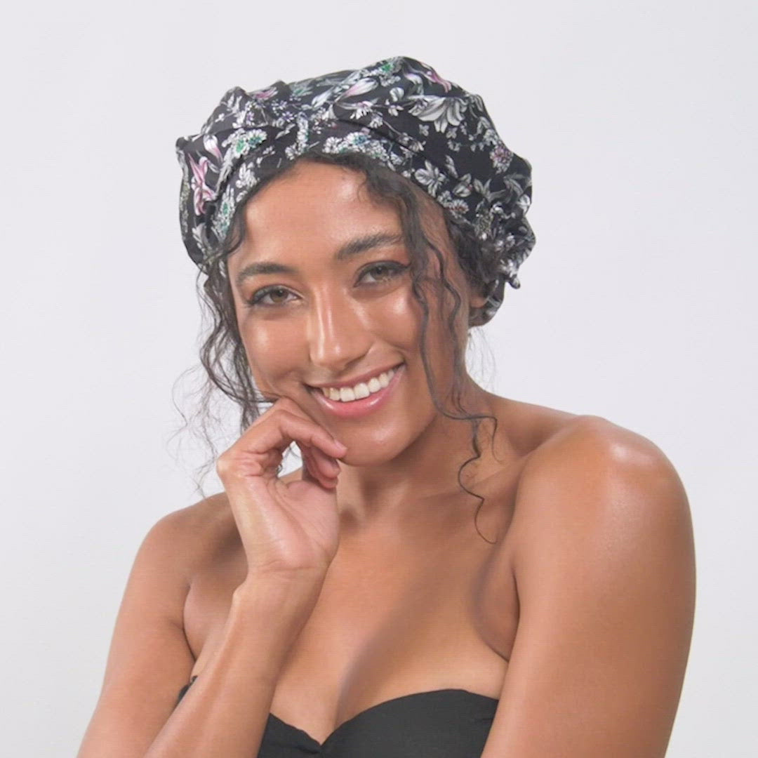 SILK BONNET - BLACK - REVERSIBLE HAIR CAP - BLACK FLORA