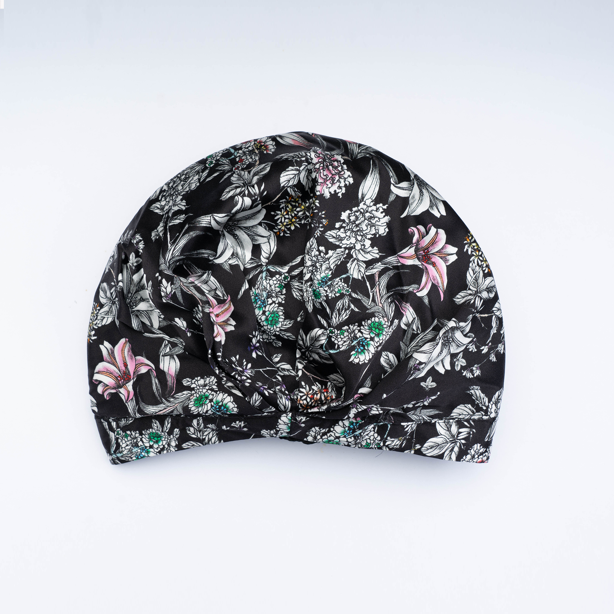 SILK BONNET - BLACK - REVERSIBLE HAIR CAP - BLACK FLORA