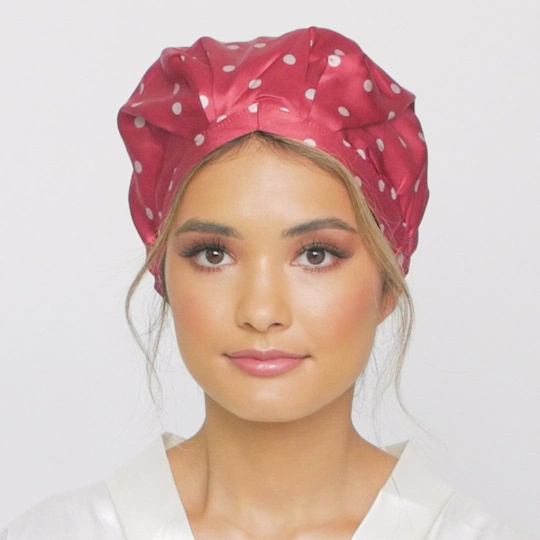 SILK BONNET - RED - REVERSIBLE HAIR CAP - SPOTTED AROUND