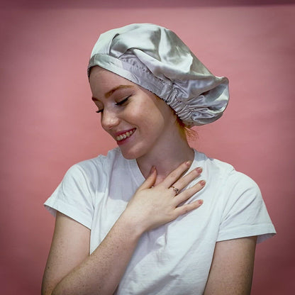 SILK BONNET - SILVER - REVERSIBLE HAIR CAP - SNOW LEOPARD