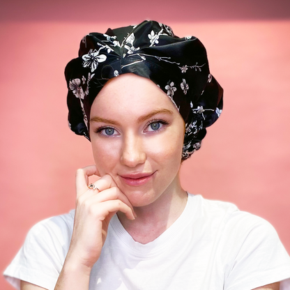 SILK BONNET - WHITE- REVERSIBLE HAIR CAP - BLOSSOM TREE