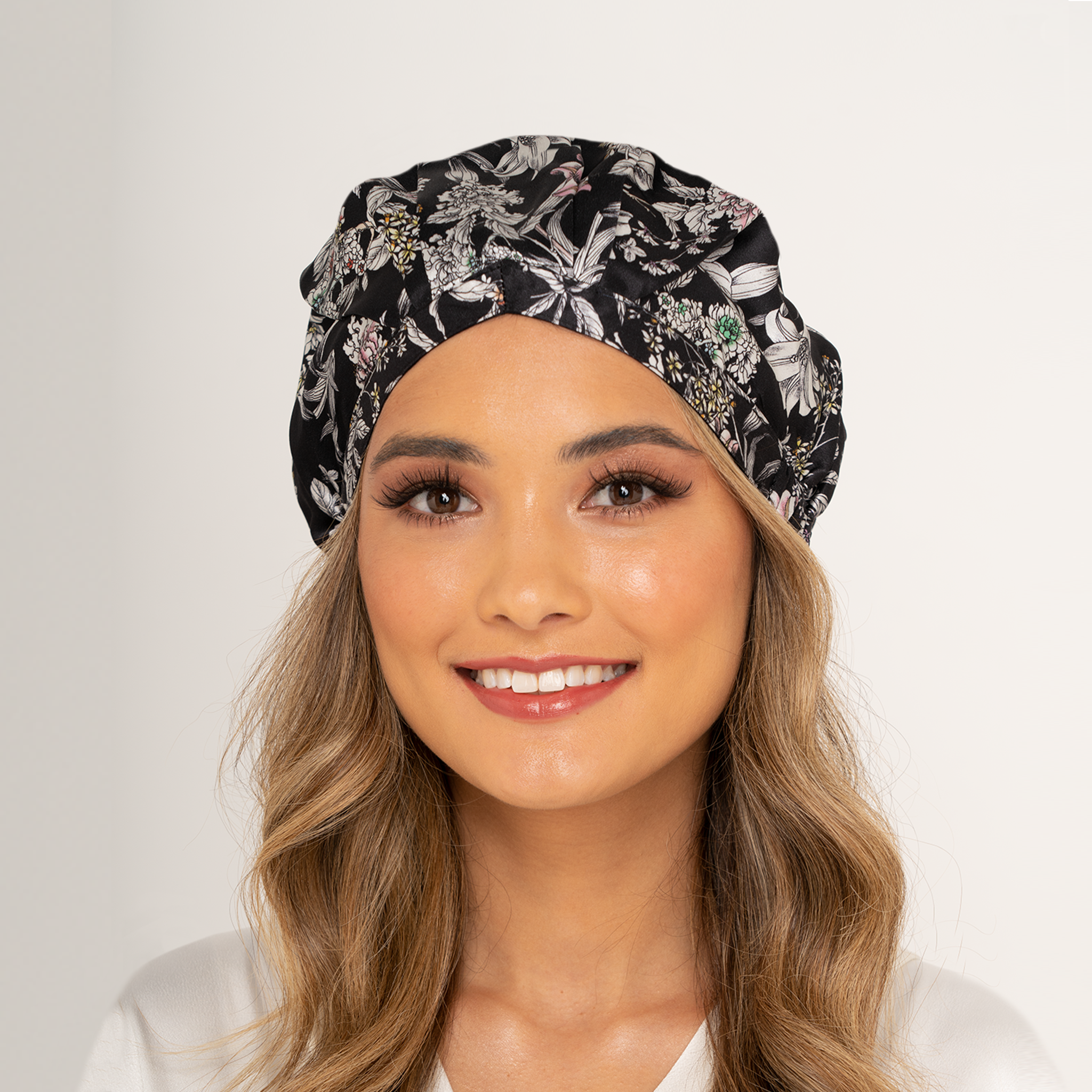 SILK BONNET - BLACK - REVERSIBLE HAIR CAP - BLACK FLORA