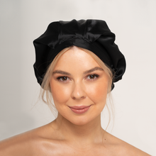 Load image into Gallery viewer, Black Flora ‘Silk CAPsule’ aka THE ‘WIN-WIN&#39; Silk Reversible Hair Cap - Black Hair Cap Color - Australia Based Store
