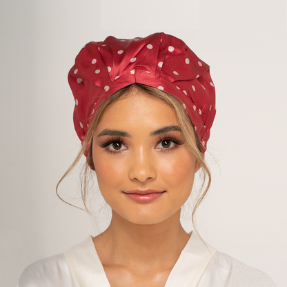 SILK BONNET - RED - REVERSIBLE HAIR CAP - SPOTTED AROUND