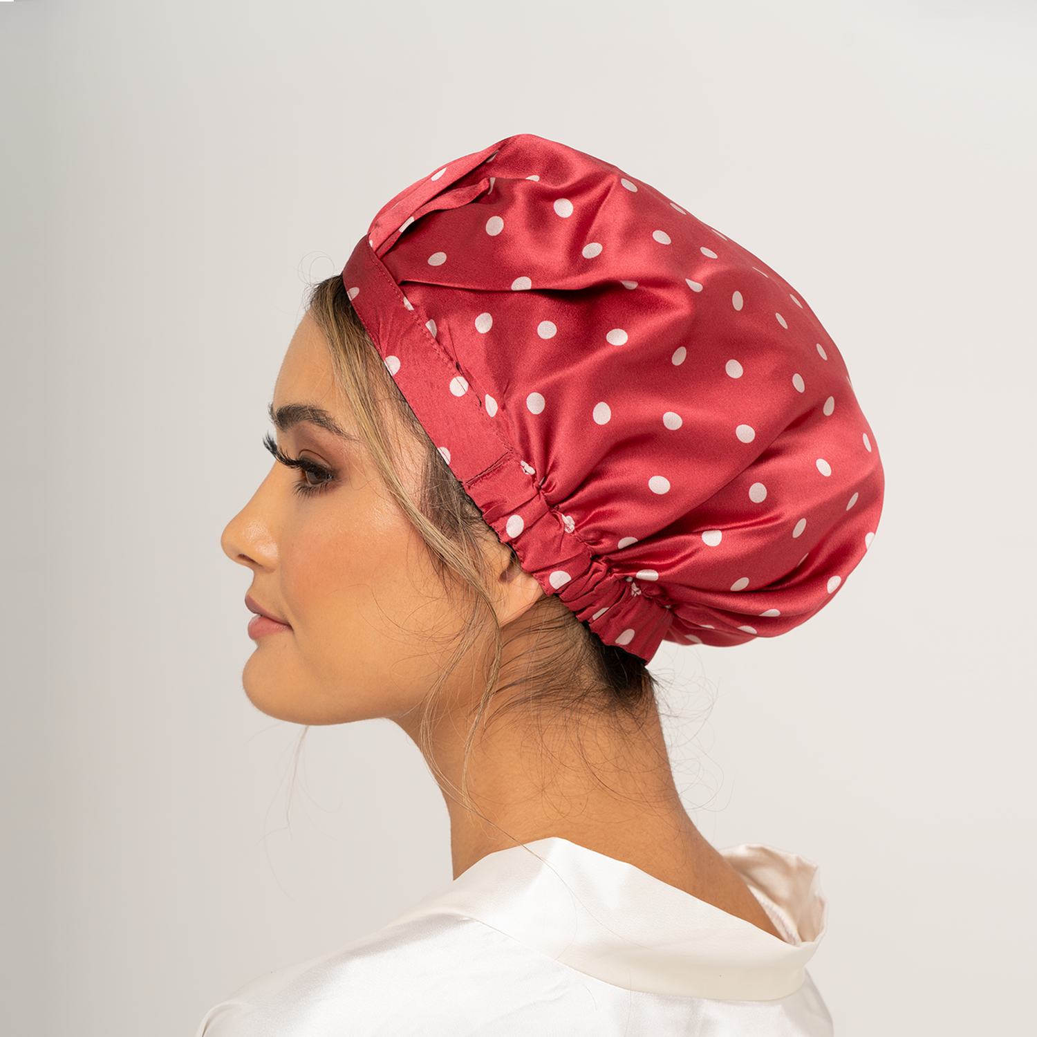SILK BONNET - RED - REVERSIBLE HAIR CAP - SPOTTED AROUND