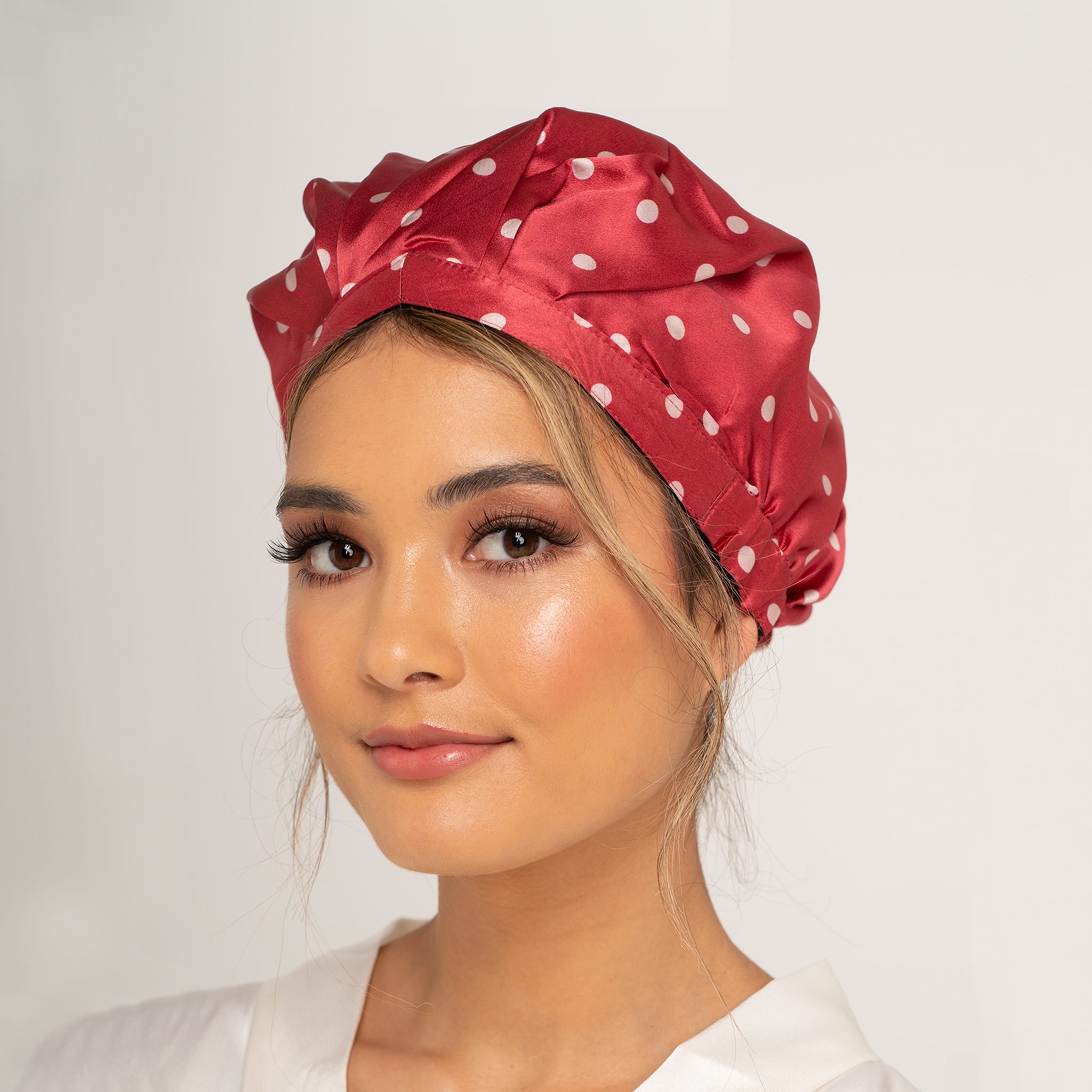 SILK BONNET - RED - REVERSIBLE HAIR CAP - SPOTTED AROUND