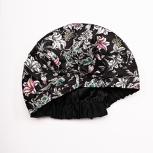 Load image into Gallery viewer, Black Flora ‘Silk CAPsule’ aka THE ‘WIN-WIN&#39; Silk Reversible Hair Cap - Black Floral Hair Cap Color - Australia Based Store
