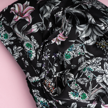 Load image into Gallery viewer, Black Flora ‘Silk CAPsule’ aka THE ‘WIN-WIN&#39; Silk Reversible Hair Cap - Black Floral Hair Cap Color - Australia Based Store
