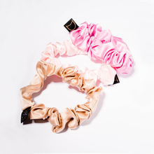 Load image into Gallery viewer, Gold  Pink colour, big, 100% Mulberry Silk Scrunchies, hairCAPsule
